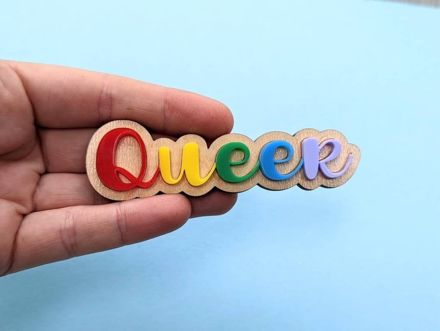 Queer Rainbow Pride pin badges brooch wood and acrylic LGBT Queer brooch LGBTQIA