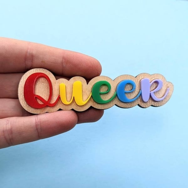 Queer Rainbow Pride pin badges brooch wood and acrylic LGBT Queer brooch LGBTQIA