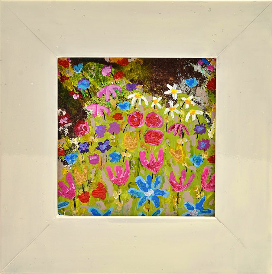 Small Framed Painting of Wildflowers (5.5 x 5.5 inches. Ready to Hang)