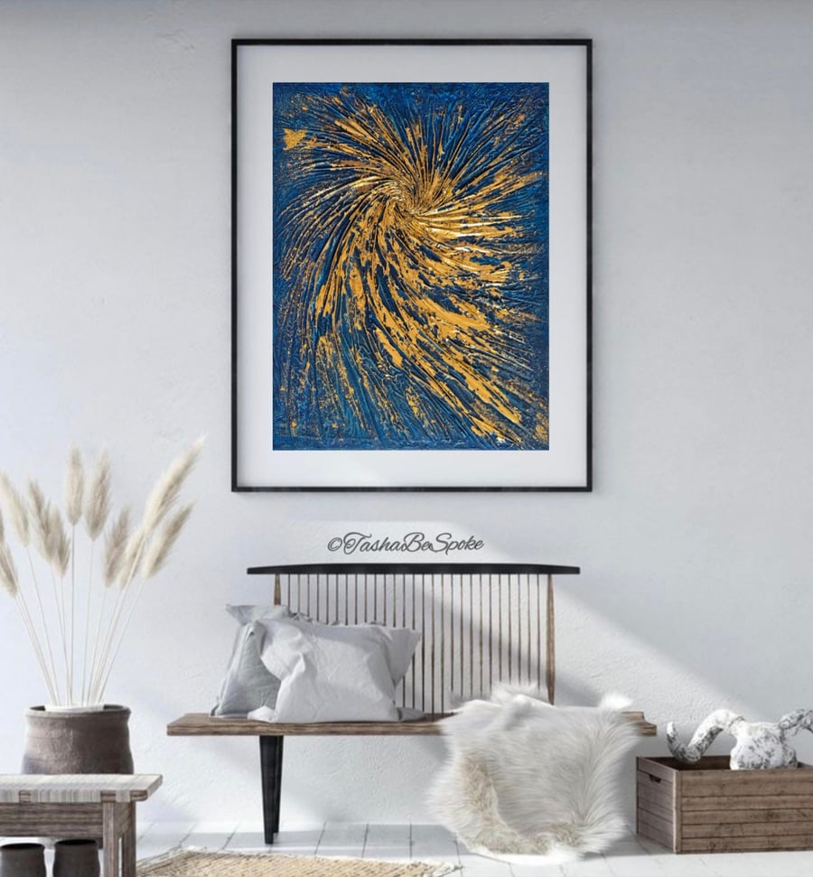 Original textured painting, Abstract wall art, 9x12 inch, Blue and gold artwork