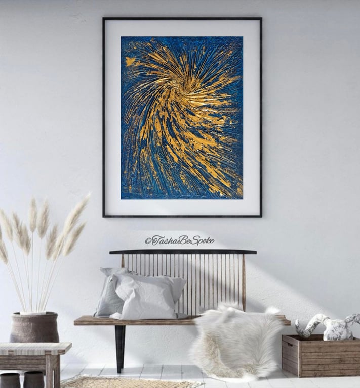 Original textured painting, Abstract wall art, 9x12 inch, Blue and gold artwork