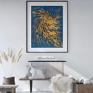 Original textured painting, Abstract wall art, 9x12 inch, Blue and gold artwork