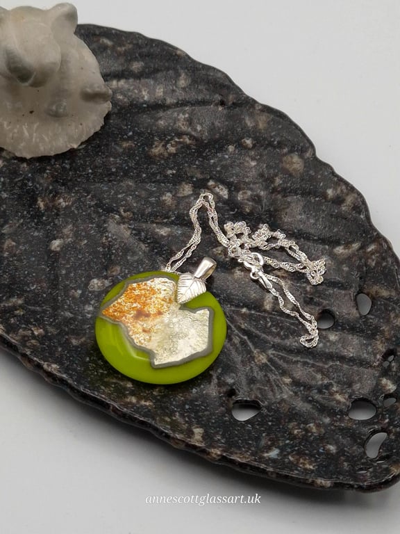 Green Round Fused Glass Reactions Pendant with Real Silver Leaf Inclusion