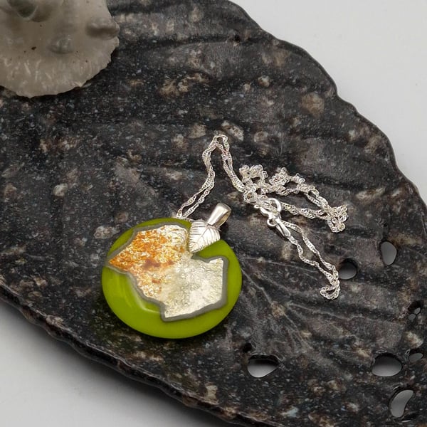Green Round Fused Glass Reactions Pendant with Real Silver Leaf Inclusion