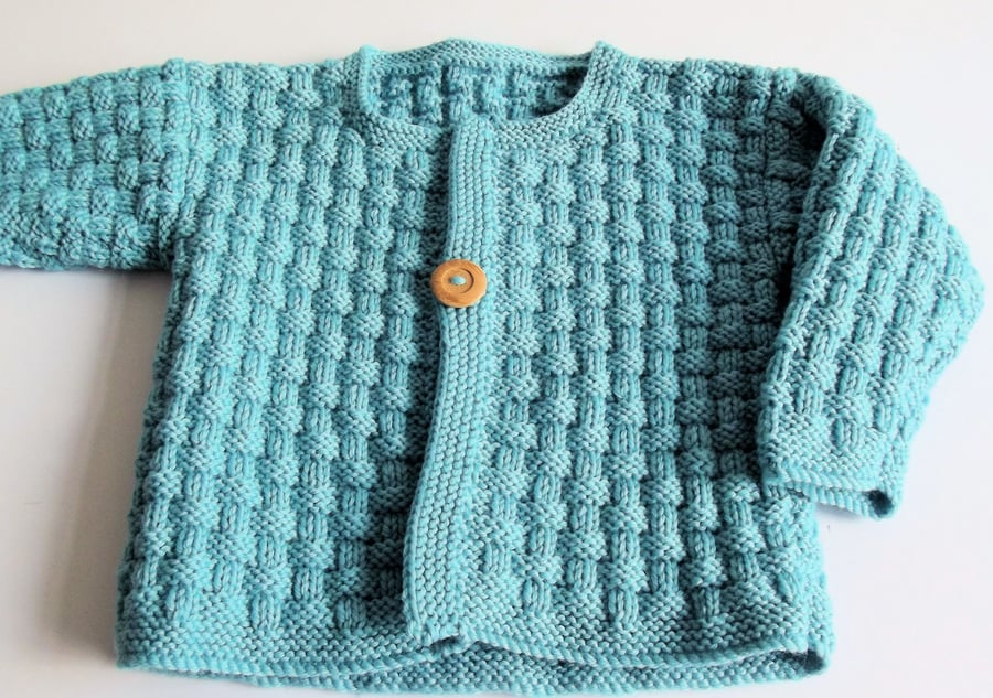 Babies Handknitted Jacket Cardigan, Soft Turquoise, 12 to 18 monthes, hm140