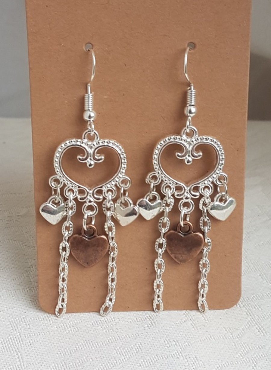 Gorgeous Dangly Hearts Earrings - Silver Tone Ear Wires.