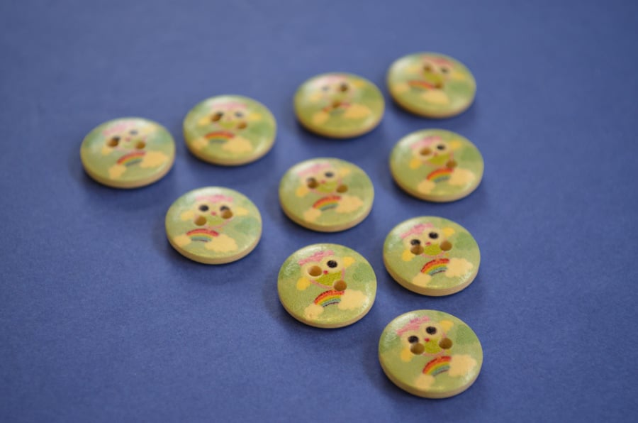 15mm Wooden Rainbow Owl Buttons Pink Yellow 10pk Bird (SOW5)