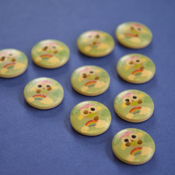 15mm Wooden Rainbow Owl Buttons Pink Yellow 10pk Bird (SOW5)