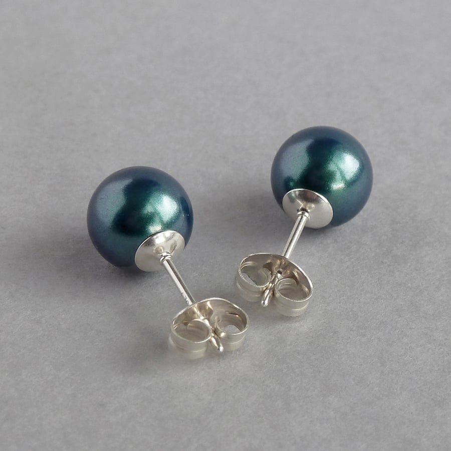 8mm Dark Green Pearl Stud Earrings - Round Teal Everyday Studs - Blue Green Gift