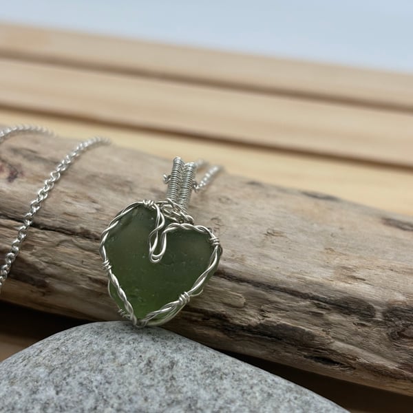 Scottish Green Sea Glass Pendant, Unique design, Small Heart