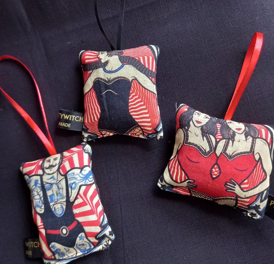 Unusual Victorian circus tattoo themed hanging lavender bags