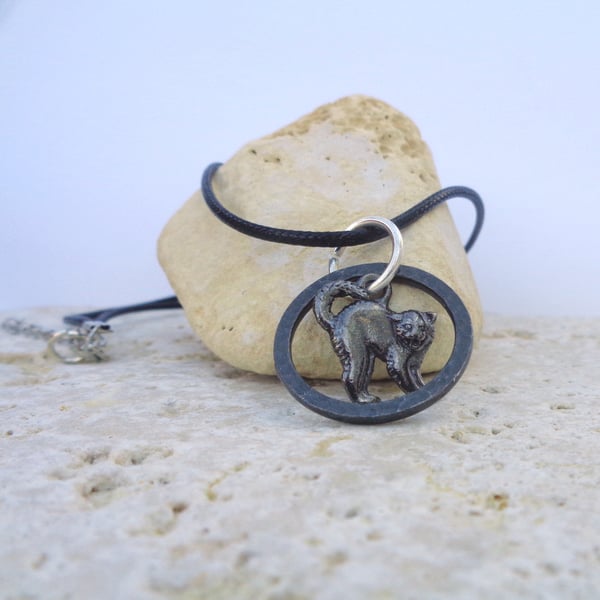 Cat black metal unisex pendant on black cord necklace