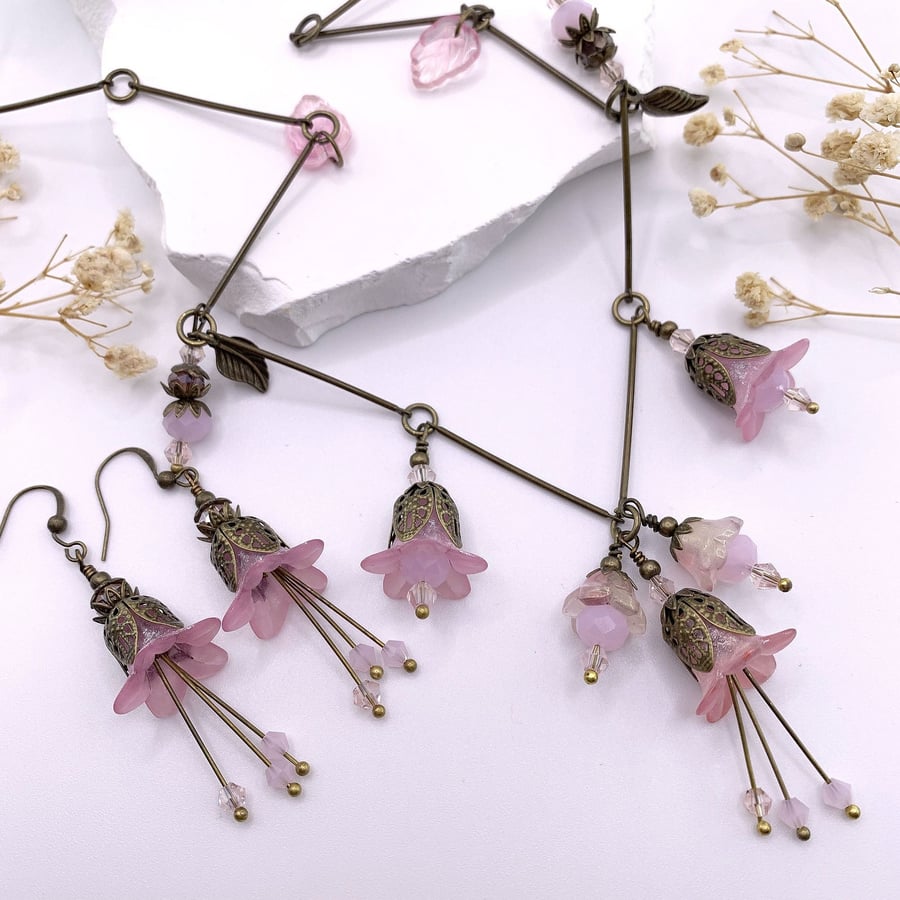 Art Nouveau Vintage Style Pink and Bronze Floral Necklace Set