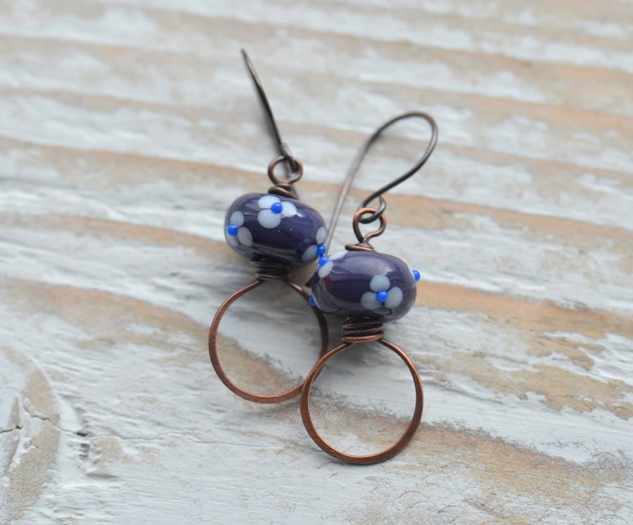 Copper Earrings with Purple Floral Lampwork Glass Beads