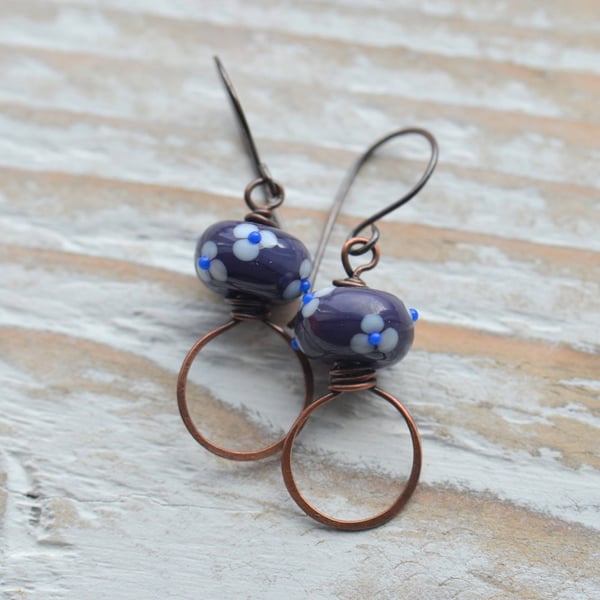 Copper Earrings with Purple Floral Lampwork Glass Beads
