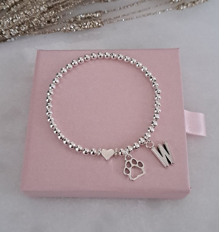 Personalised Paw Print Initial Bracelet,Silver Bead Stretch Pet Gift for Her