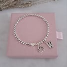 Personalised Paw Print Initial Bracelet,Silver Bead Stretch Pet Gift for Her