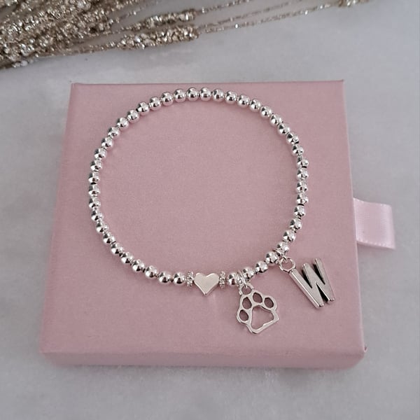 Personalised Paw Print Initial Bracelet,Silver Bead Stretch Pet Gift for Her