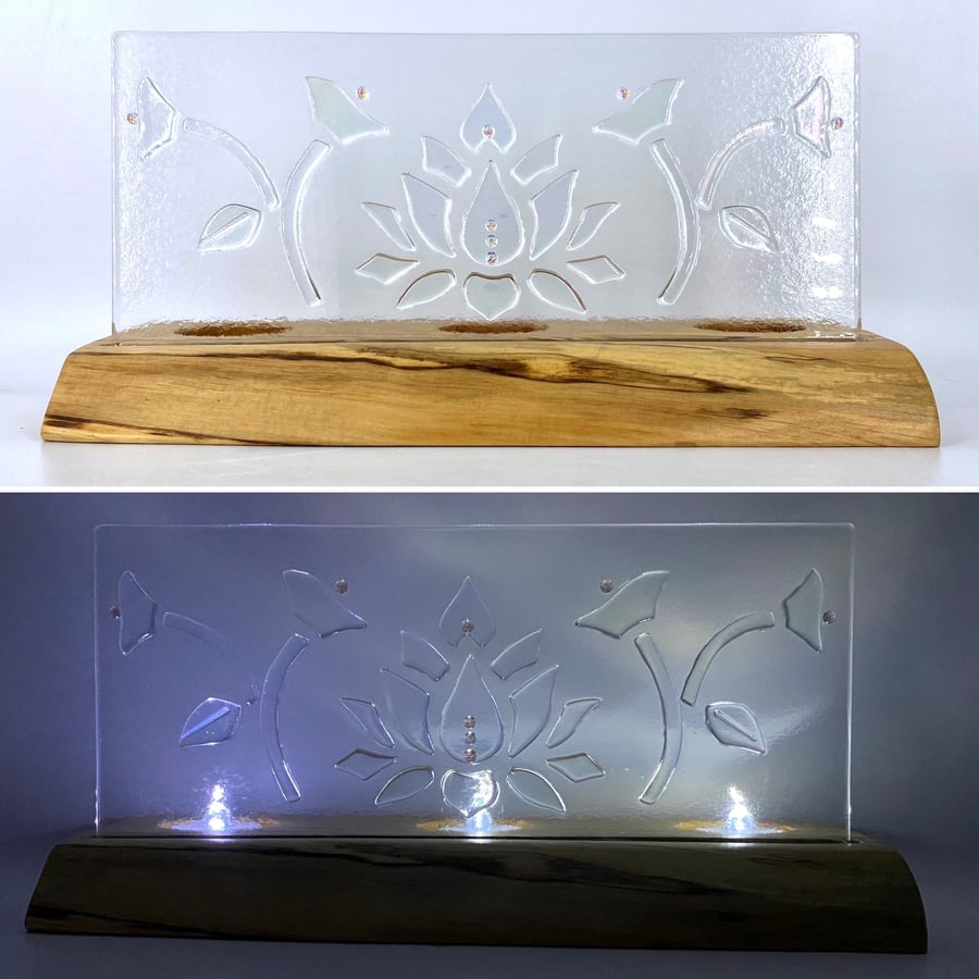 Iridescent Fused Glass Floral Panel set in a piece Hand Crafted Wood