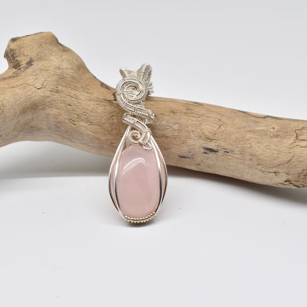 Rose Quartz Wire Wrapped Silver Filled Pendant