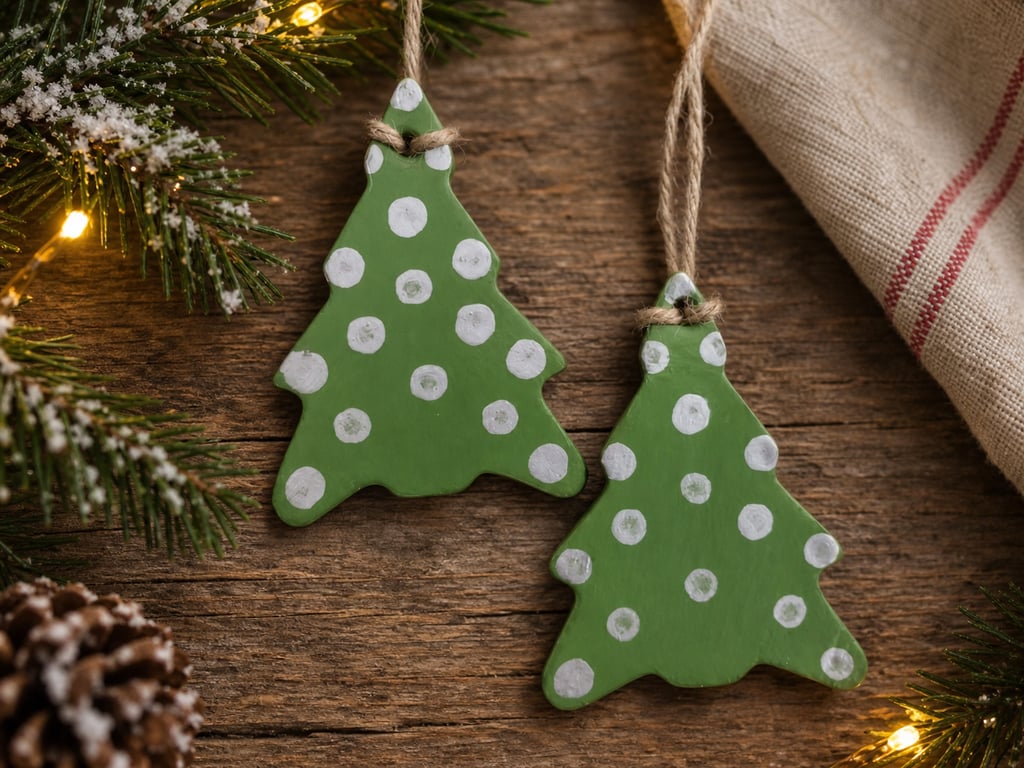 Pair of Green & Silver Air Dry Clay Christmas Tree Decorations