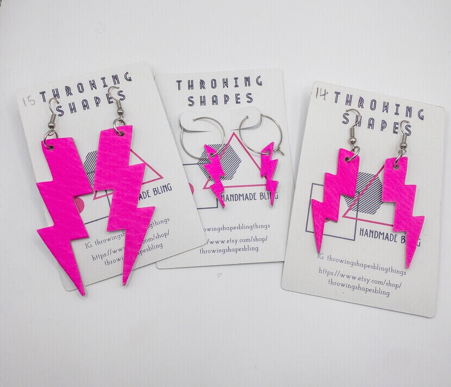 Neon pink and gold Bowie lightening bolt earrings, handmade leather earrings.