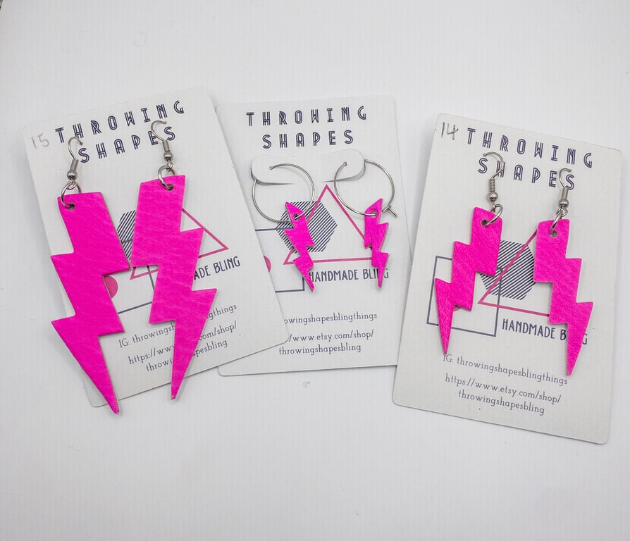 Neon pink and gold Bowie lightening bolt earrings, handmade leather earrings.