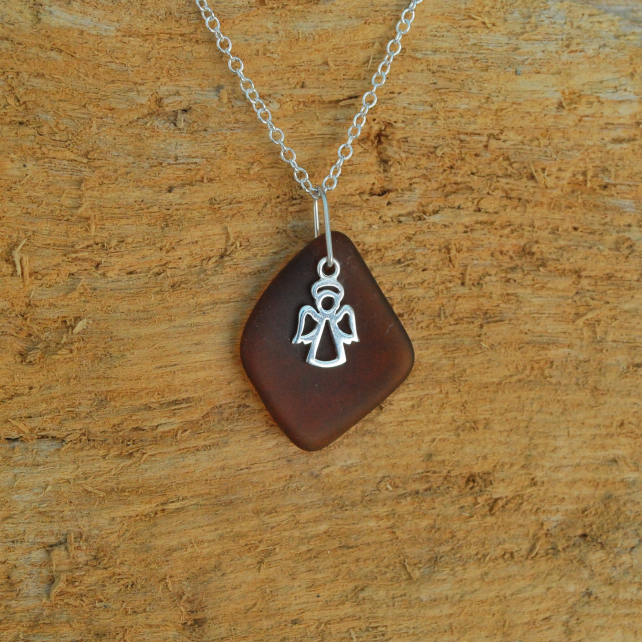 Beach glass pendant with sterling silver angel