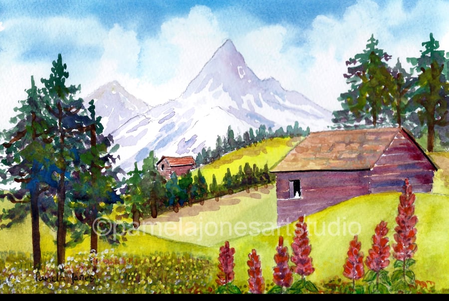 Alpine Landscape, Switzerland, Original watercolour in 14 x 11'' mount.