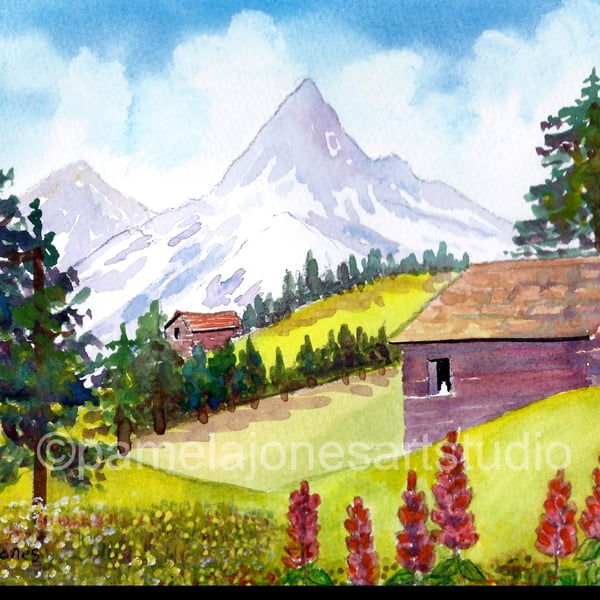 Alpine Landscape, Switzerland, Original watercolour in 14 x 11'' mount.