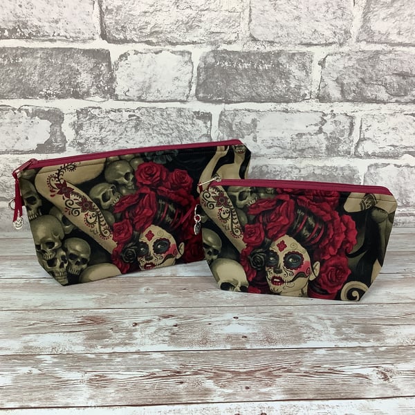 Gothic Day of the Dead Zip case, Makeup bag, Handmade, 2 size options
