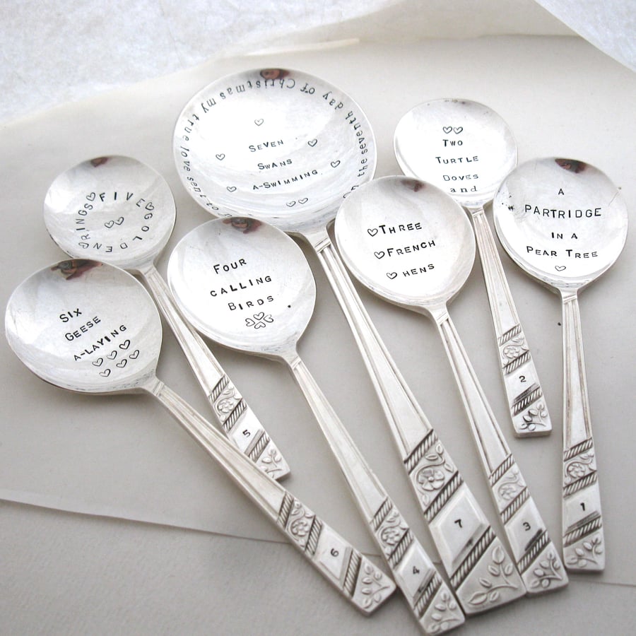Set of 7 handstamped vintage spoons for Xmas, Partridge in a Pear Tree