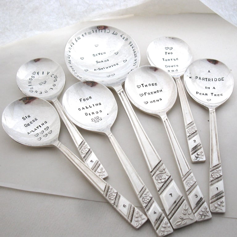 Set of 7 handstamped vintage spoons for Xmas, Partridge in a Pear Tree