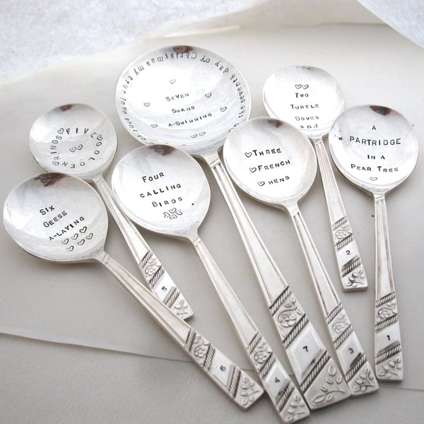 Set of 7 handstamped vintage spoons for Xmas, Partridge in a Pear Tree