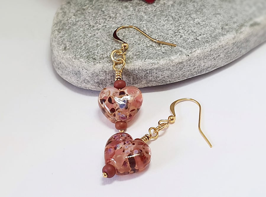 Chunky pink heart lampwork glass earrings 