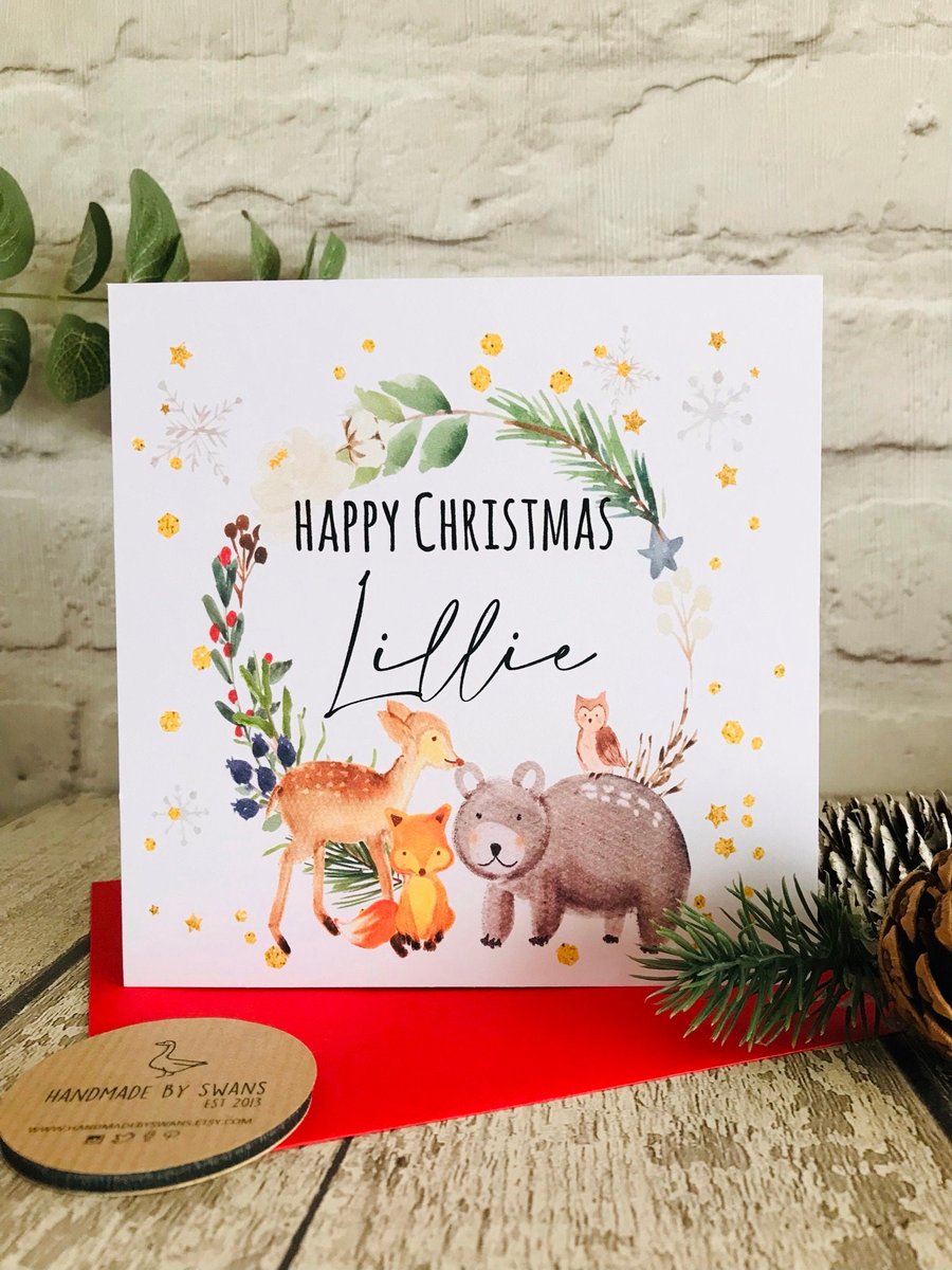 Personalised christmas card, woodland animal card, christmas card for daughter, 