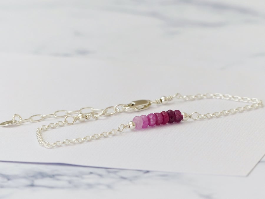 Genuine Ruby Sterling Silver Bracelet, July Birthstone Gift, Ombre Ruby Bracelet