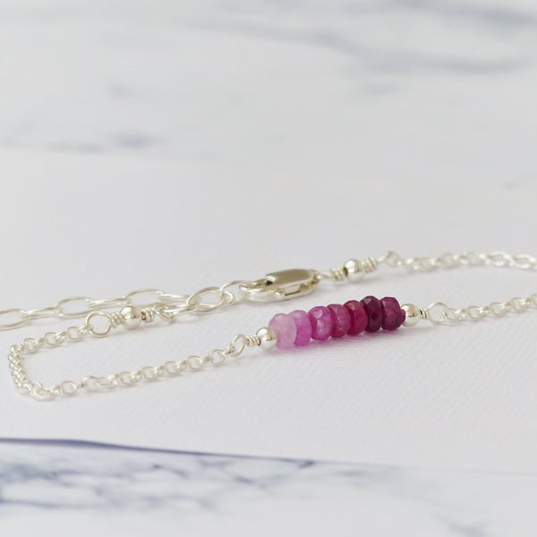 Genuine Ruby Sterling Silver Bracelet, July Birthstone Gift, Ombre Ruby Bracelet