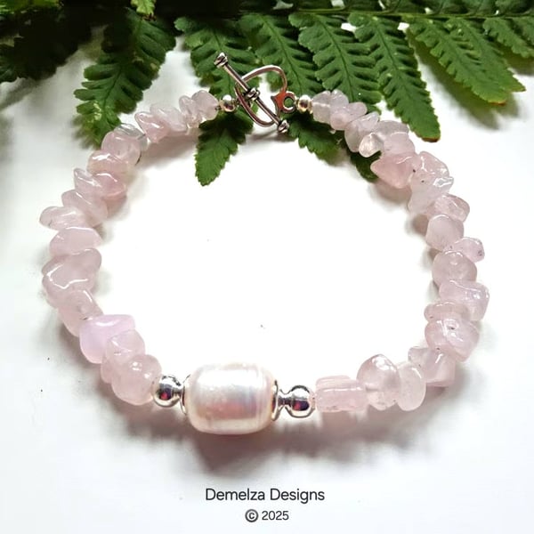 Designer Rose Quartz & Large Baroque Freshwater Culture Pearl Chacra Bracelet 