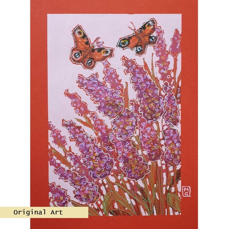 Peacock butterflies and Buddleia flowers original art, butterfly wall art