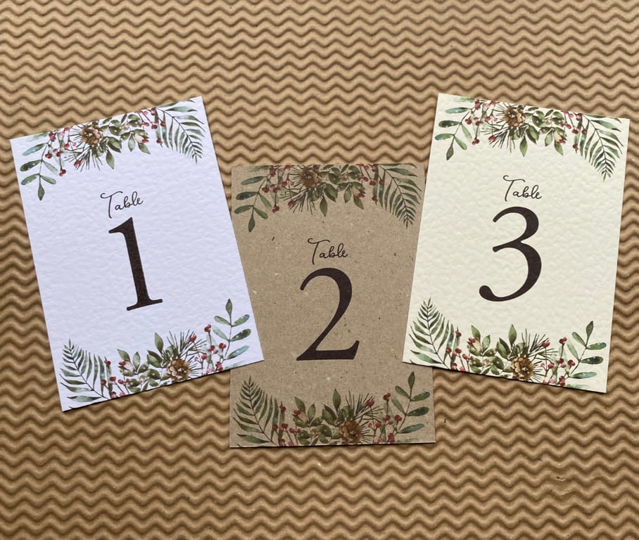 Christmas greenery edge TABLE NUMBERS, berries green leaves, rustic wedding card
