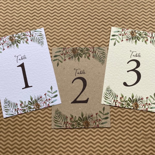 Christmas greenery edge TABLE NUMBERS, berries green leaves, rustic wedding card