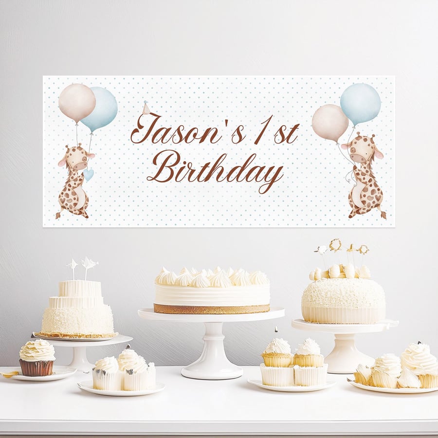 1st Birthday Boy Personalised Banner Baby Giraffe, Birthday Party Wall decor 