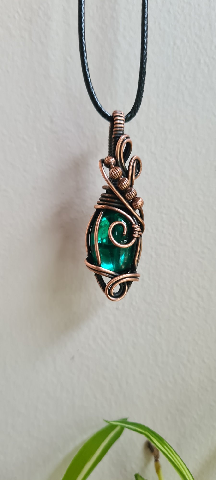 Handmade Teal Glass & Copper Wire Wrap Pendant Necklace Gift Handmade Jewellery