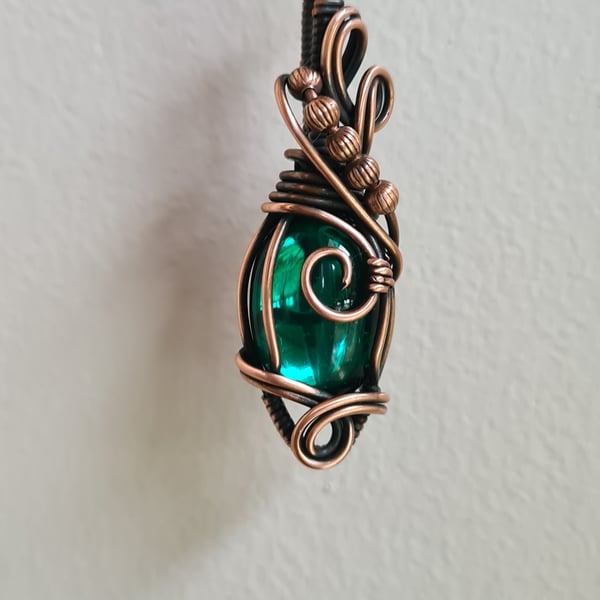 Handmade Teal Glass & Copper Wire Wrap Pendant Necklace Gift Handmade Jewellery