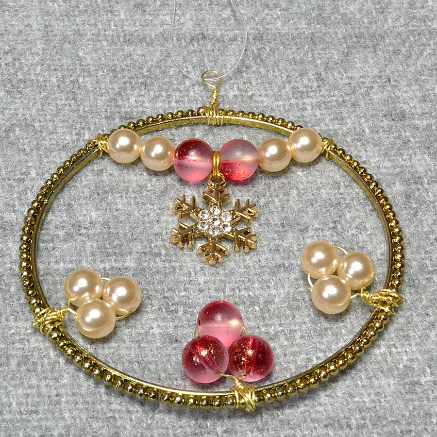Upcycled Bangle Christmas Decoration – Red and Pearl Glass Beads, with Snowflake