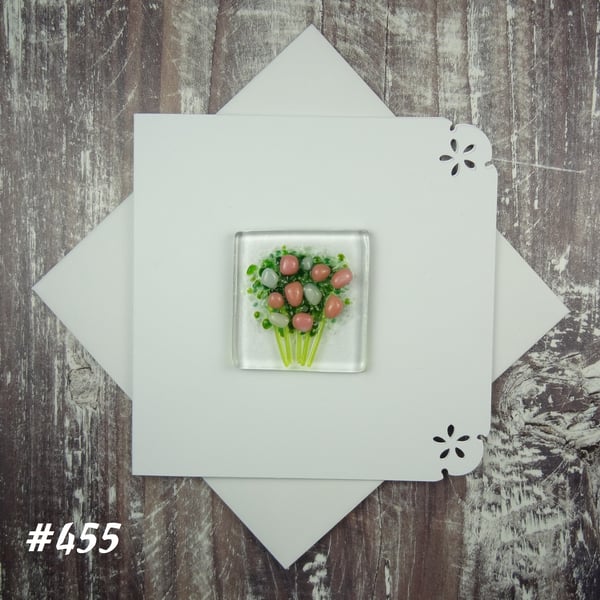 Salmon pink & white flowers fused glass blank card, handcrafted, 4 options