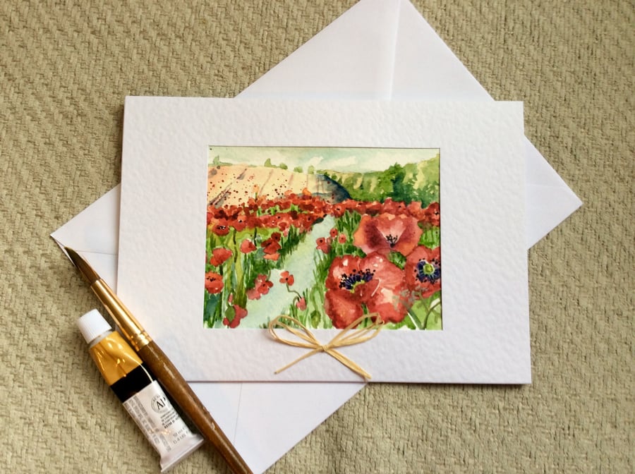 Original handpainted greeting card of red poppies in field