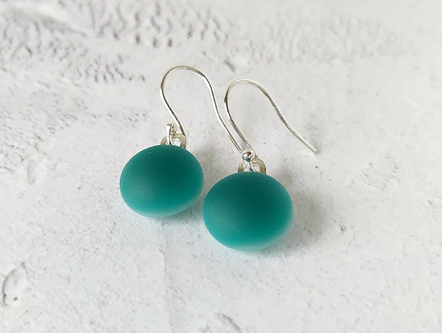 Teal green matt glass drop earrings