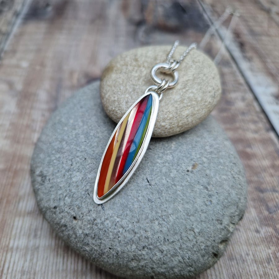 Sterling Silver and Surfite Colourful Stripey Surfboard Pendant Necklace
